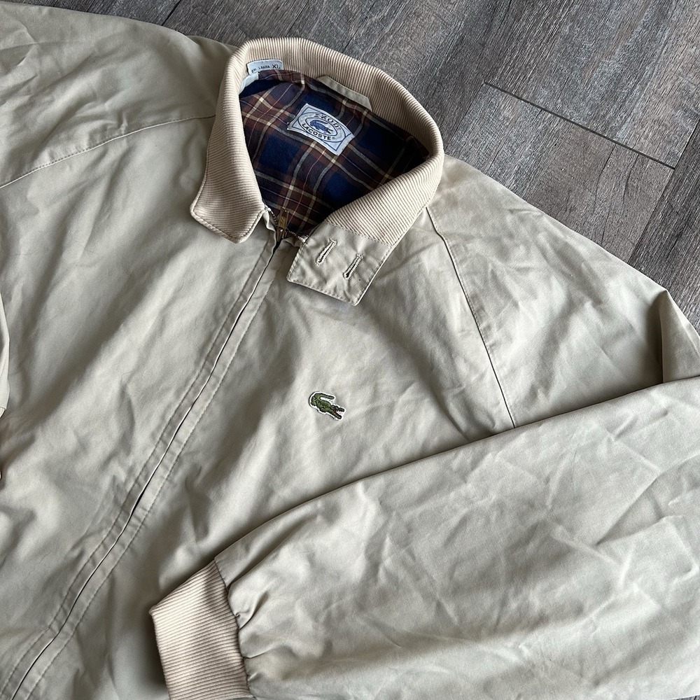 Vintage Izod Lacoste Harrington Plaid Lined Full Zip Jacket Mens XL 90s 80s Tan